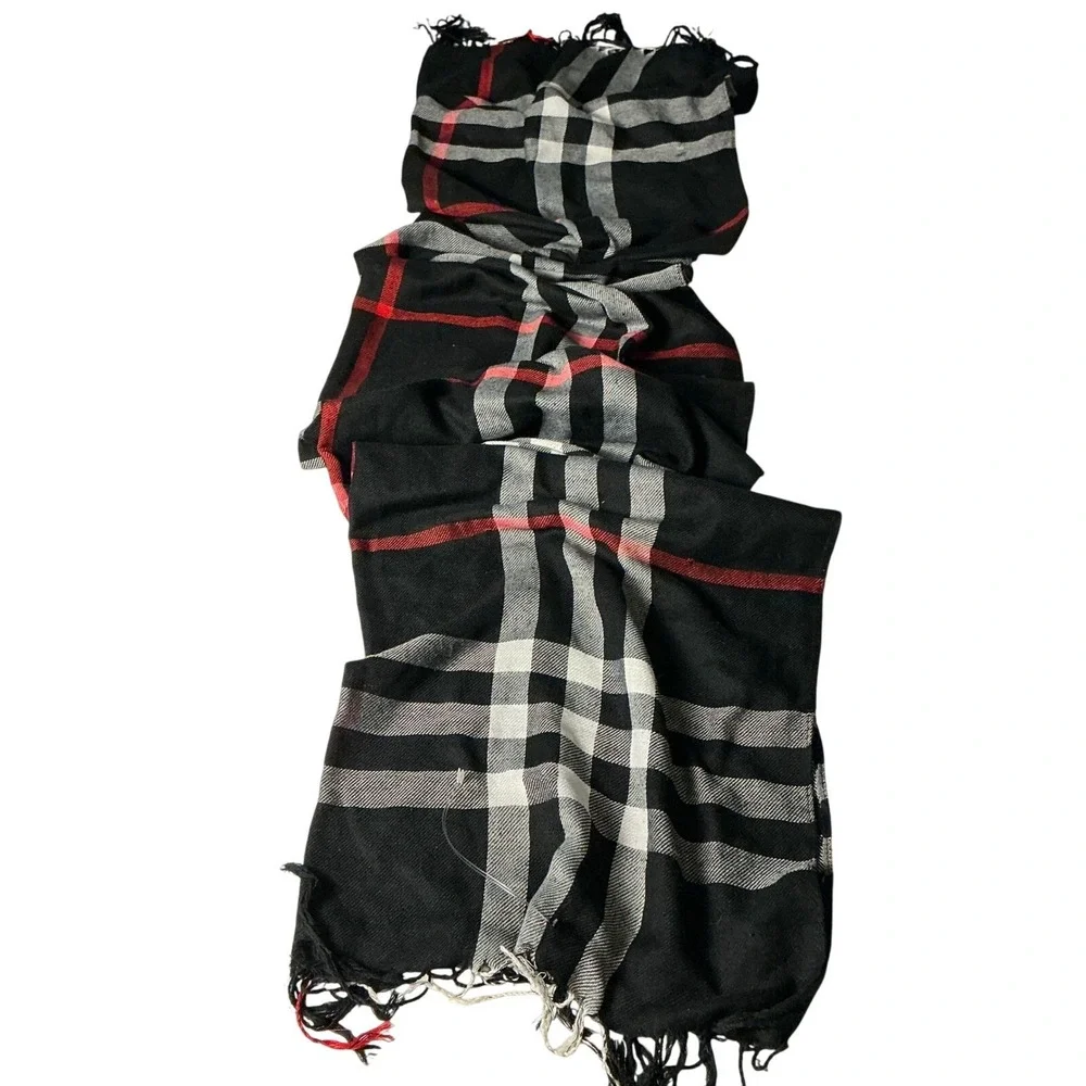 Black Plaid Scarf Wrap Shawl Fringed Blanket Cozy Warm Winter - Picture 2 of 3